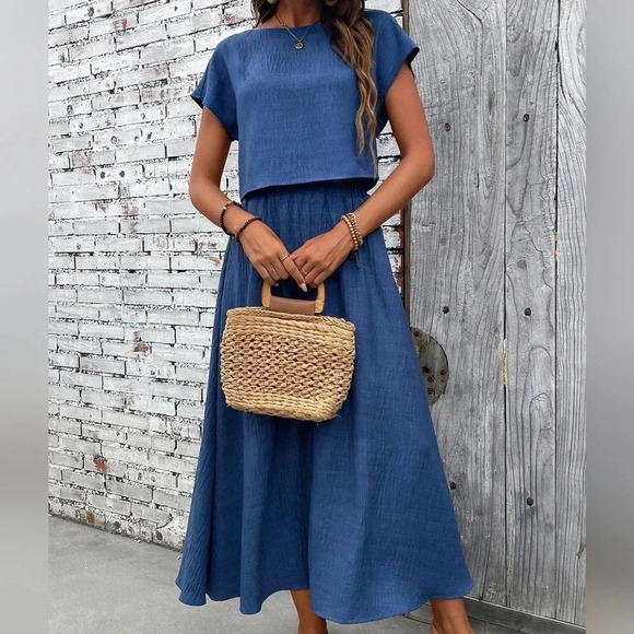 Tops - Summer Simple Leisure Khaki Loose Short Sleeve Top & Skirt Two-Piece Set